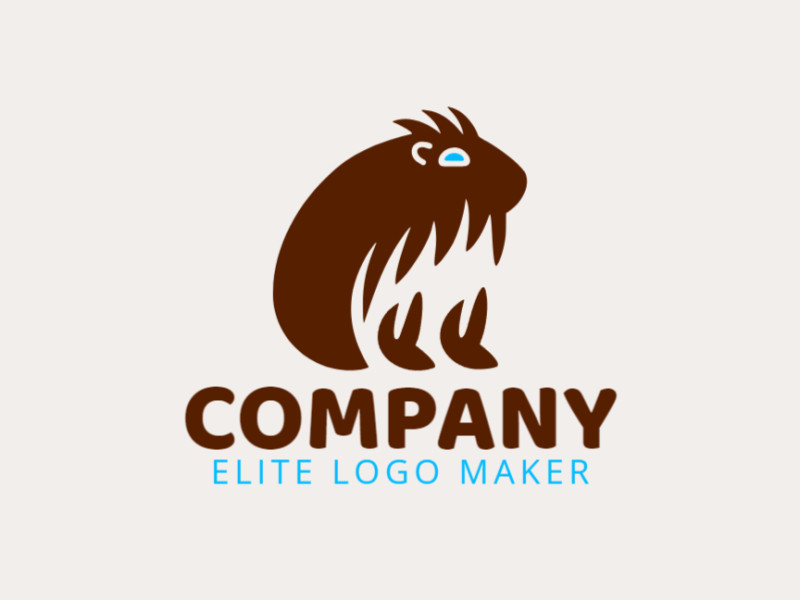 Logotipo criativo com a forma de uma capivara com design memorável e estilo minimalista, as cores utilizadas é azul e marrom escuro.