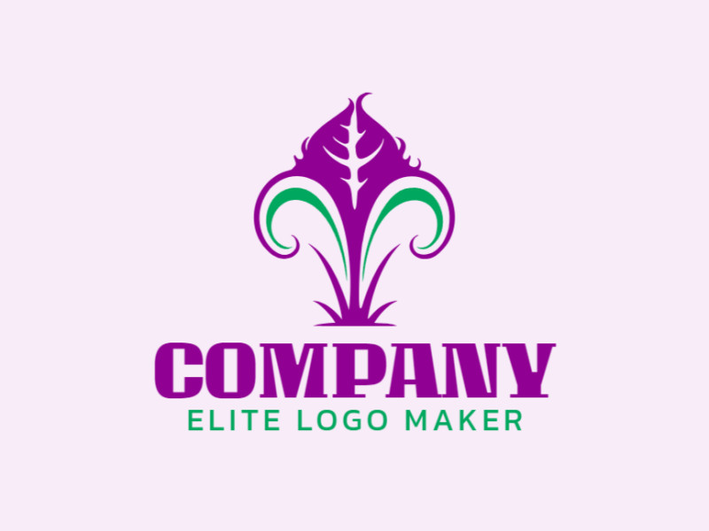 Logotipo minimalista com design refinado, formando uma planta carnívora com as cores roxo e verde escuro.