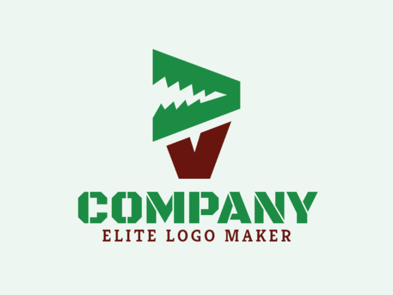 Logotipo com a forma de uma planta carnívora, com design abstrato e com as cores verde e marrom.
