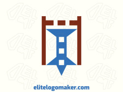 Minimalist logo design consists of the combination of a castle with a shape of a pin with brown and blue colors.