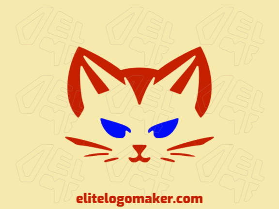 Logotipo customizável com a forma de uma cabeça de gato composto por um estilo minimalista e com as cores azul e vermelho.