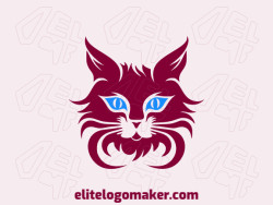 Logo available for sale in the shape of a cat head with abstract style with dark red and dark blue colors.