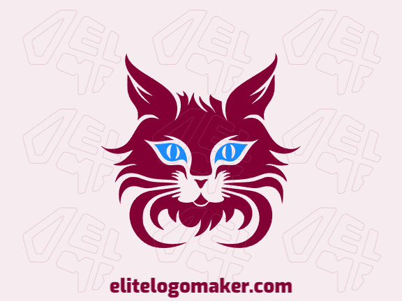 Logotipo disponível para venda com a forma de uma cabeça de gato com estilo abstrato e com as cores vermelho escuro e azul escuro.