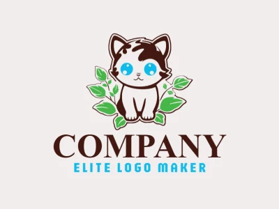 Logo with creative design, forming a cat combined with leaves with childish style and customizable colors.