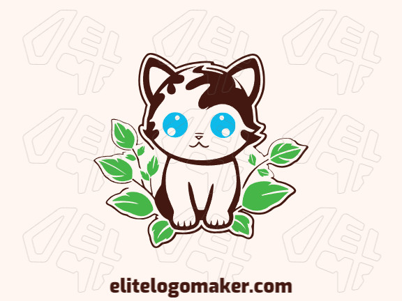 Logo with creative design, forming a cat combined with leaves with childish style and customizable colors.