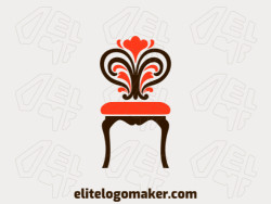 Um logotipo profissional em forma de uma cadeira com um estilo ornamental, as cores utilizadas foi laranja e marrom escuro.