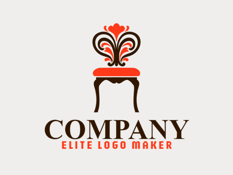 A sophisticated logo in the shape of a chair with a sleek ornamental style, featuring a captivating orange and dark brown color palette.