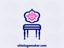 Logotipo vetorial com a forma de uma cadeira combinado com uma flor com design abstrato e com as cores rosa e azul escuro.
