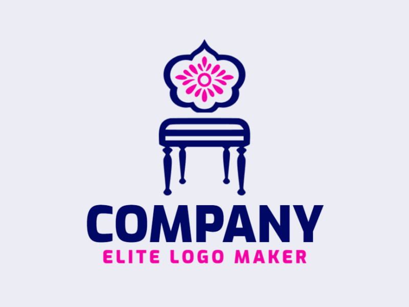Logotipo vetorial com a forma de uma cadeira combinado com uma flor com design abstrato e com as cores rosa e azul escuro.