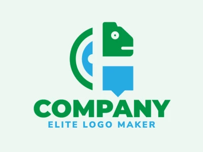 Mascot logo with the shape of a chameleon combined with a chat box with blue and green colors.