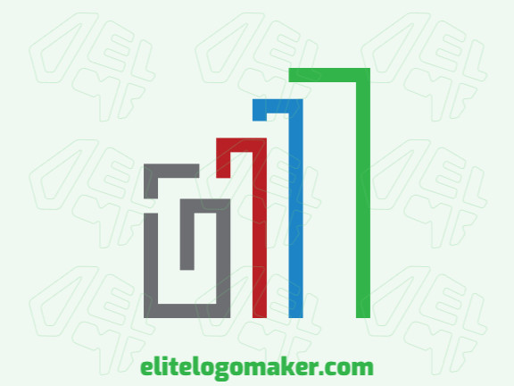 Logotipo customizável com a forma de um clipe combinado com um gráfico composto por um estilo de múltiplas linhas com cores cinza, verde, vermelho, e azul.