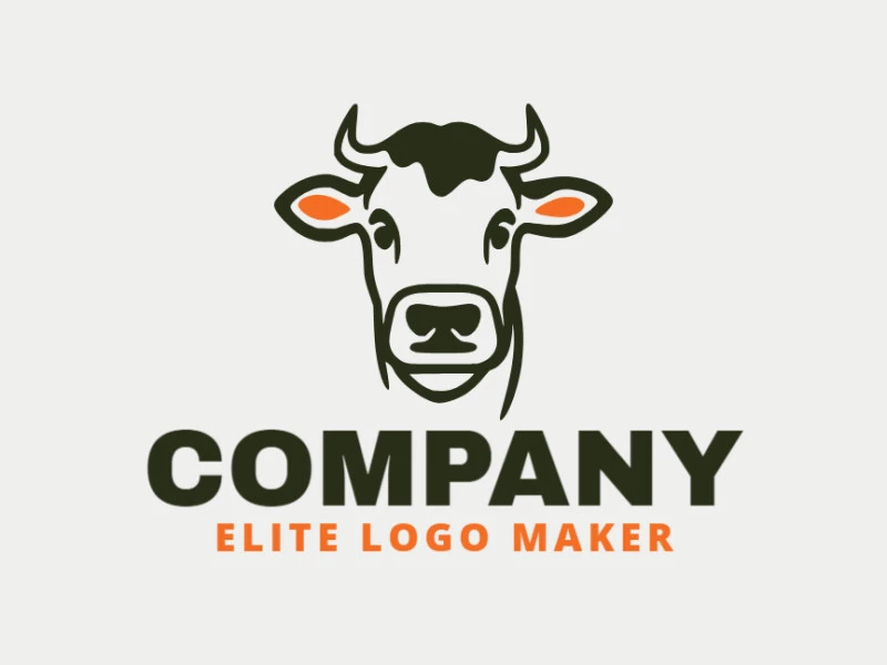 Logo available for sale in the shape of a cow with monoline design, with green and orange colors.