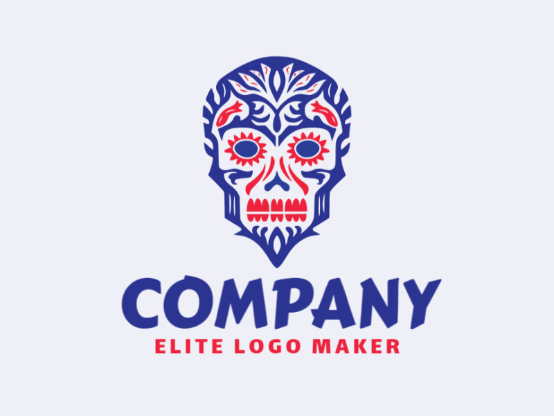 Logotipo de crânio simétrico em cores azul e vermelho, representando equilíbrio e criatividade. Ideal para marcas criativas e inovadoras.