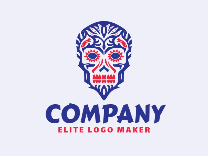 Symmetrical cranium logo in blue and red colors, representing balance and creativity. Ideal for creative and innovative brands.