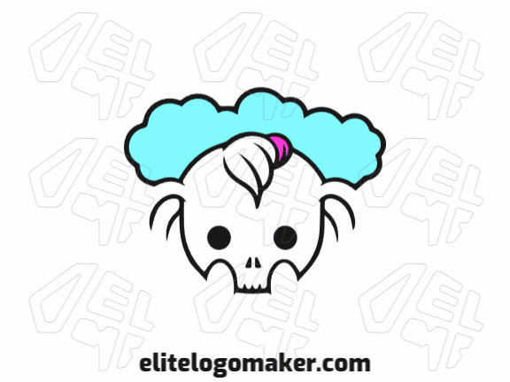 O logotipo apresenta um estilo criativo com um crânio e nuvem em tons de azul, preto e rosa. Ele retrata uma sensação de inovação, imaginação e um toque de obscuridade.
