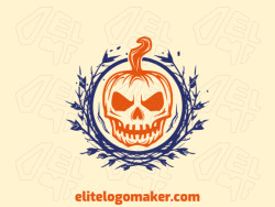 Logotipo criativo com a forma de um crânio combinado com folhas secas com design memorável e estilo abstrato, as cores utilizadas é laranja e azul escuro.