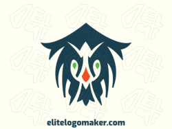 Logo available for sale in the shape of a crazy bird with symmetric style, with green, blue, and orange colors.