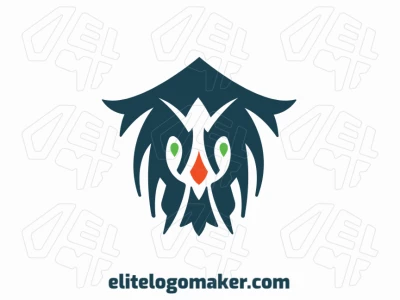 Logo available for sale in the shape of a crazy bird with symmetric style, with green, blue, and orange colors.