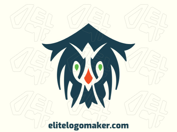 Logotipo disponível para venda com a forma de um pássaro louco com estilo simétrico, com as cores verde, azul, e laranja.
