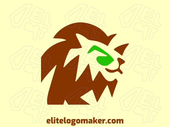 Logotipo disponível para venda com a forma de um leão maluco com design infantil e com as cores verde e marrom.