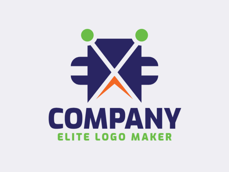 Logotipo abstrato criado com formas simples, formando uma criatura com as cores verde, azul, e laranja.