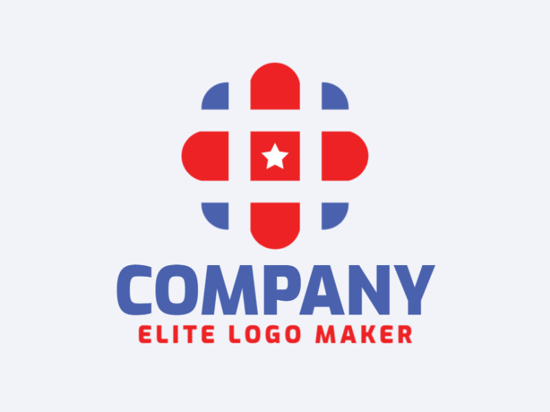 Crie um logotipo para sua empresa com a forma de uma cruz combinado com uma estrela, com estilo simples e com as cores azul e vermelho.