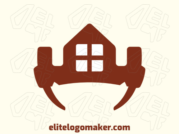 Simple logo composed of abstract shapes, forming a crown combined with two hammers and a house, with the color brown.