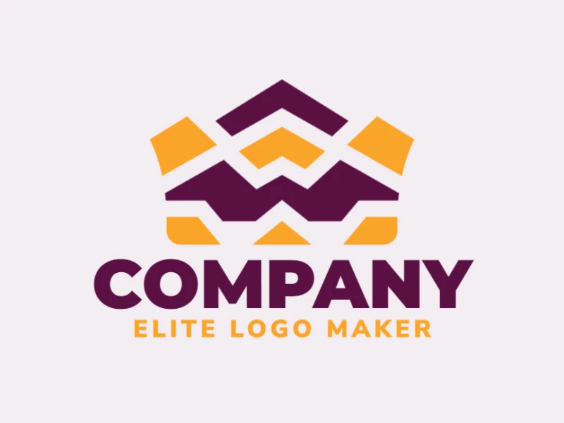 Logotipo simétrico com formas sólidas formando uma coroa com design refinado e cores roxo e amarelo.