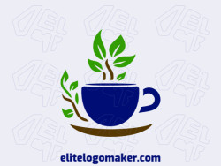 Logo available for sale in the shape of a cup combined with leaves with abstract design with green, brown, and dark blue colors.