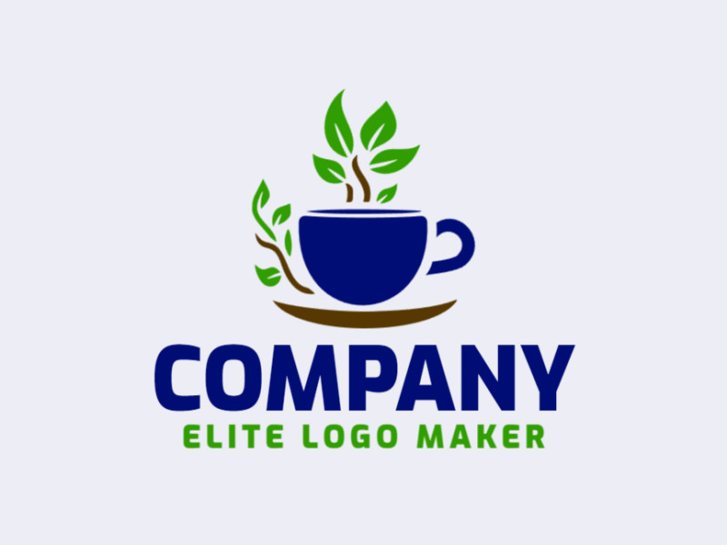 Logotipo disponível para venda com a forma de uma xícara combinado com folhas com design abstrato e com as cores verde, marrom, e azul escuro.