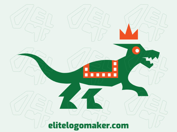 Animal logo with the shape of a dinosaur wearing a crown with abstract style and green and orange colors.