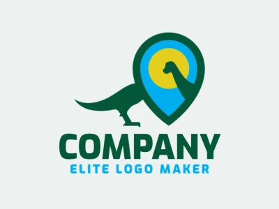 Logotipo abstracto con formas sólidas que forman un dinosaurio combinado con un mapa con un diseño refinado y colores azul, amarillo, y verde.