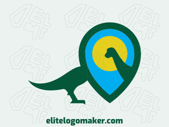 Stylized logo design with the shape of a dinosaur combined with a map icon with blue, yellow, and green colors.