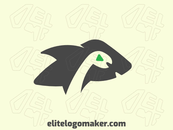 Logotipo criativo com a forma de um dinossauro combinado com um tubarão com design espaço negativo e com as cores verde e preto.