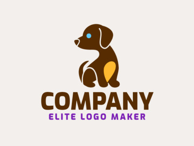 Un logotipo de mascota carismático con un perro, diseñado con líneas amigables y coloreado en azul, marrón y amarillo oscuro para una impresión acogedora y animada.