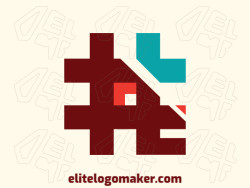 Vector logo in the shape of a dog combined with a hashtag with an abstract design, the colors used are blue, brown, and red.