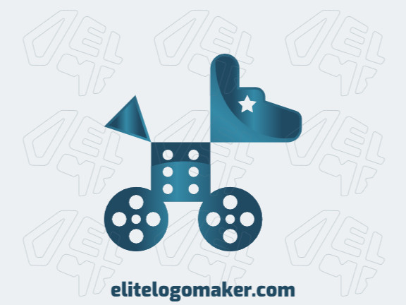 Logotipo gradiente customizável com a forma de um cachorro mesclado com um dominó e dois rolo de filme com cor azul.