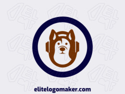 A playful logo with a dog wearing headphones in dark blue and dark brown hues.