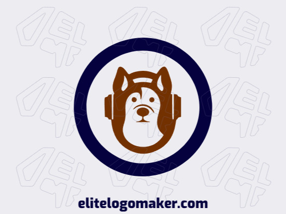 Um logotipo lúdico com um cachorro usando fones de ouvido em tons de azul escuro e marrom escuro.