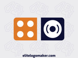 Minimalist logo created with abstract shapes forming a domino combined with a disc with blue and orange colors.