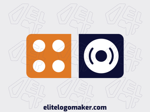 Logotipo minimalista criado com formas abstratas formando um dominó combinado com um disco com as cores azul e laranja.