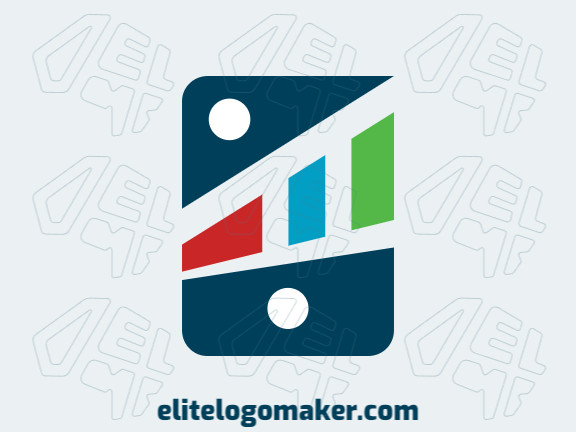 Logotipo minimalista com a forma de um dominó combinado com um gráfico, as cores usadas são azul, vermelho, e verde.