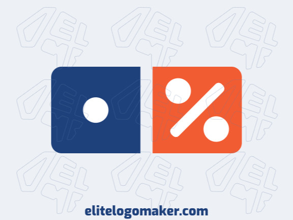 Logotipo simples com formas sólidas formando um dominó combinado com um sinal de porcentagem com design refinado e com as cores azul e laranja.