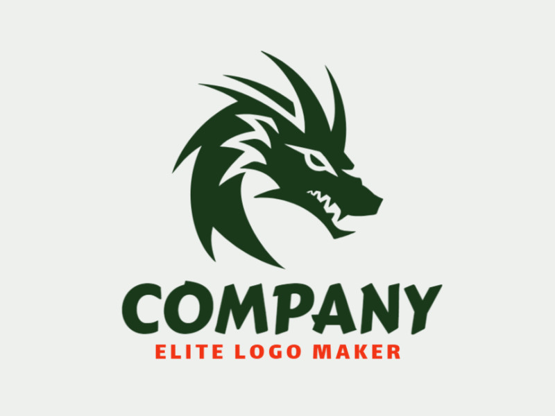A logo is available for sale in the shape of a dragon head with an abstract design and dark green color.