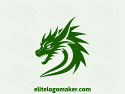 Logotipo criativo com a forma de uma cabeça de dragão com design mascote e cor verde escuro.