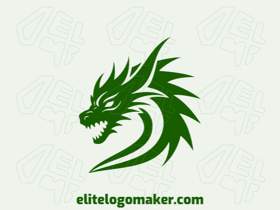 Logotipo criativo com a forma de uma cabeça de dragão com design mascote e cor verde escuro.