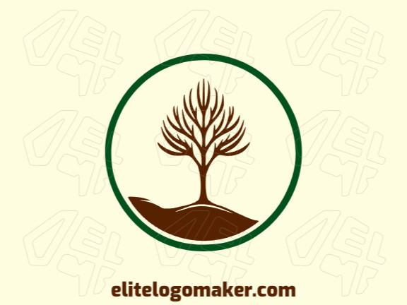 Logotipo vetorial com a forma de uma árvore seca com estilo minimalista e com as cores marrom escuro e verde escuro.