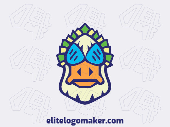 Mascot logo with the shape of a duck head with blue, beige, green, and yellow colors.