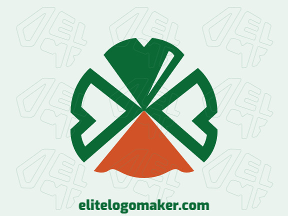 Symmetry logo in the form of a duck combined with a four leaf clover composed of abstract shapes and refined design with green and orange colors.