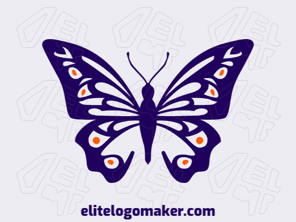 Logotipo disponível para venda com a forma de uma borboleta elegante com design artesanal e com as cores laranja e azul escuro.